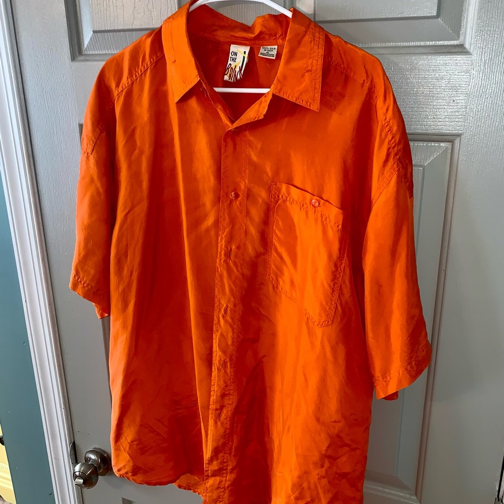 On The Brink Vintage 1993 Orange 100% Silk Button Up Short Sleeve Shirt XL